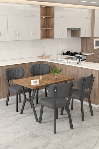 Gnr 70x110cm Sabit Atlantik Mutfak Masası Takımı, Yemek Masası, 4 Modern Antrasit Sandalye Antrasit