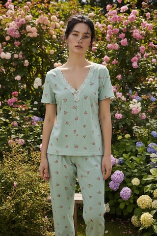 Siyah İnci Dantelli Bürümcük-krınkıl Kısa Kollu Pijama Takım 26120727 Yeşil