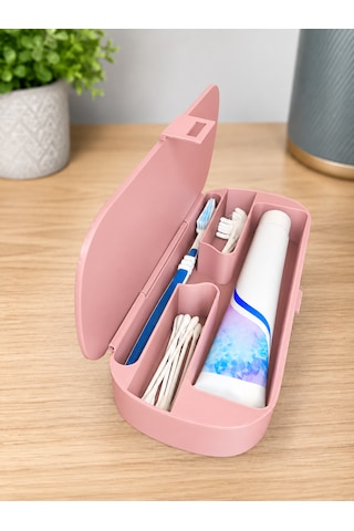 Diş Fırçası Ve Macunu Seyahat Kutusu Kapaklı Bölmeli Organizer Pembe