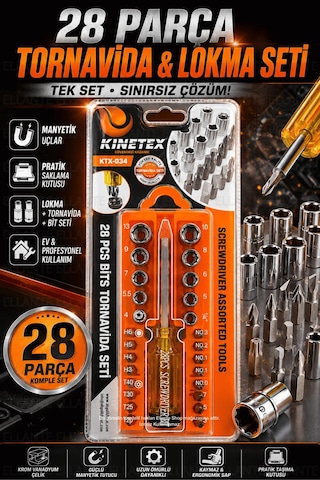 Kinetex 28 Parça Tornavida Ve Lokma Seti Manyetik Bit Uçlu Çok Amaçlı Tamir Seti Ktx-034