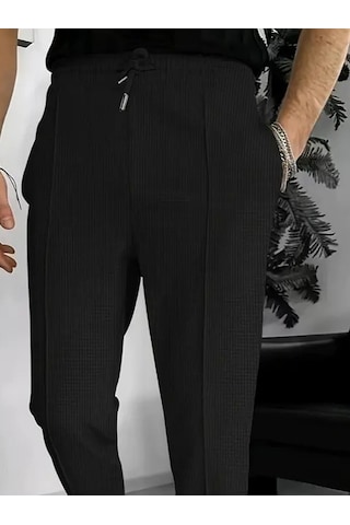 Erkek Yüksek Bel Önden Bağcıklı Cepli Waffle Pantolon Siyah