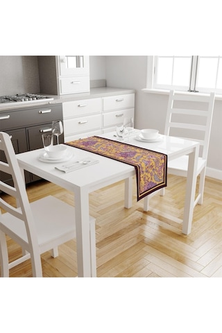 Mor Damask Desen Runner 140x45cm Ince Keten, Uluslararası Yıkama Ve Solmama Sertifikası Çok Renkli
