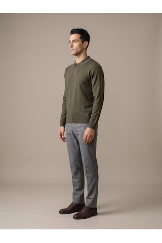 Maccali Erkek Haki Biyeli Fermuarlı Polo Yaka İnce Triko Sweatshirt