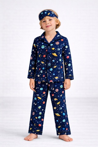 Beka Kids Desenli Uzun Kollu Önden Düğmeli Gömlek Yaka Erkek Çocuk Pijama Takımı Ve Göz Bandı Lacivert