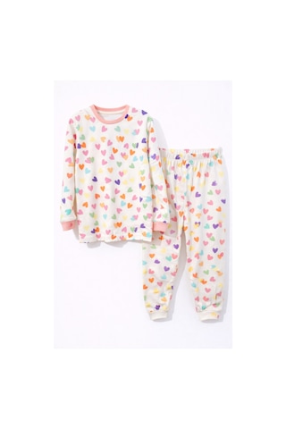 Minik Renkli Kalpler Kız Çocuk Pijama Takımı Beyaz