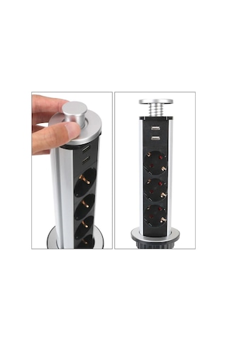 Xtechnx Xtechn246539 Vea Ve-24062 Üçlü 1.5 Metre Kablolu İki Usb Li 60mm Masaüstü Priz 1.5 M