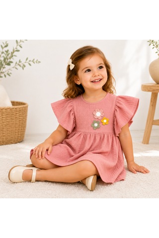 Tucankids Kız Çocuk Pembe Müslin Elbise Fırfır Kollu