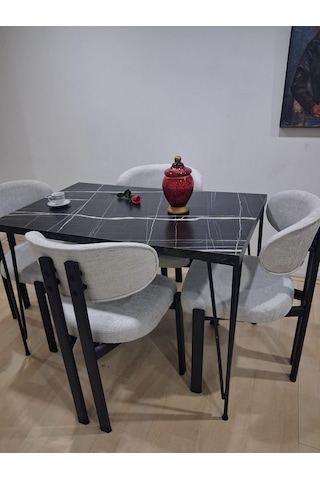 Masa Metal Ayak 90602 Sabit Siyah Mermer Desen 4 Adet Sandalye Metal Ayak Siyah
