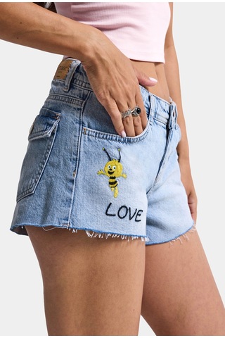 Itsbasic Kadın Mavi 4s6-32 Mini Mom Nakış Desenli Tasarım Denim Şort