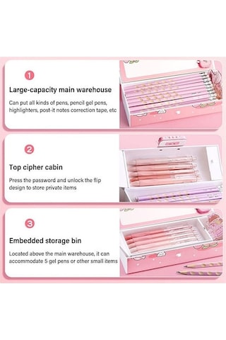 Mufunye Öğrenci Hediyesi: Çok Fonksiyonlu Kartoonlu Büyük Kapasiteli Kilitli Kalem Kutusu - Pembe Çok Renkli