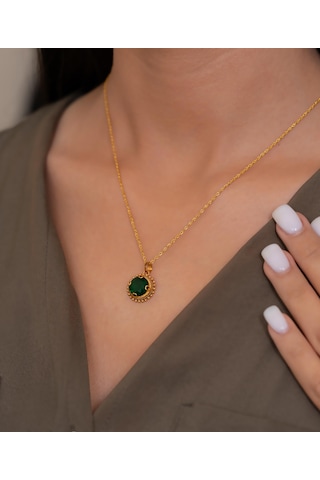 Bayar Gold 14 Ayar Altın Yeşil Güneş Taşlı Kolye Sarı Altın
