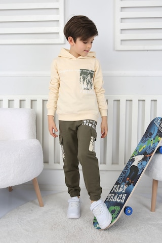 Moving Forward Kargo Cep Kapüşonlu 2 İplik Şardonlu Alt-üst Erkek Çocuk Eşofman Takımı Ekru