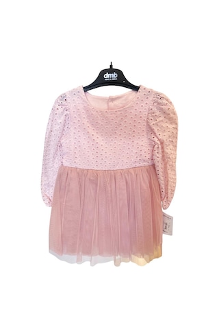 Kız Çocuk Altı Tüllü Üstü Güpürlü Elbise-12684-pudra Pudra