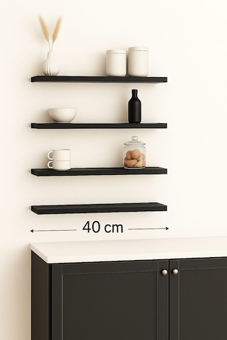 40 Cm 4lü Mat Siyah Mdf Uçan Duvar Rafı Gizli Bağlantı Kitaplık