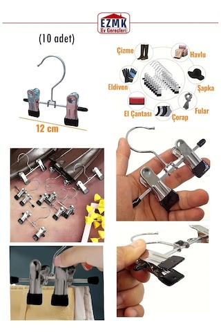 Ayarlanabilir Mandallı, Krom Metal Eşarp Askısı, Şapka Askısı \ 10 Adet \ 12 Cm Krom