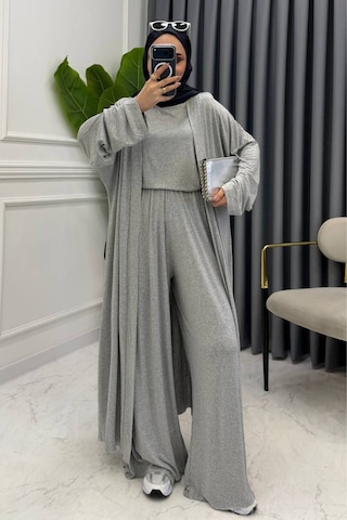 Balenbi Kadın Penye Uzun Hırka Bluz Geniş Paça Pantolon Abaya Takım 1217 Grimelanj