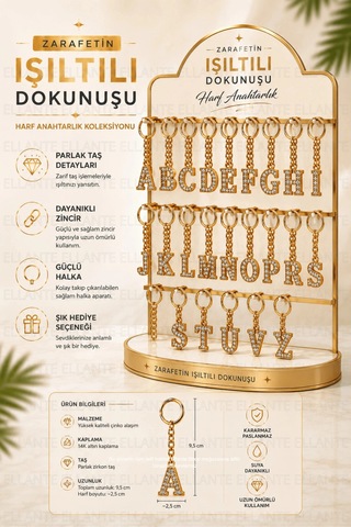 Kişiye Özel Harf Anahtarlık Altın Renk Zirkon Taşlı Şık Çanta Süsü Anahtar Aksesuarı Hediyelik Harf 04805754