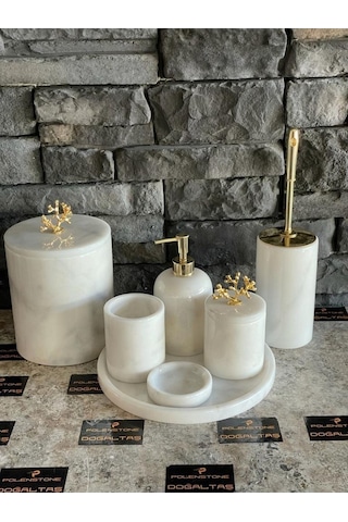 Beyaz Mermer Gold Mercan Aksesuarlı 7'li Banyo Seti Beyaz