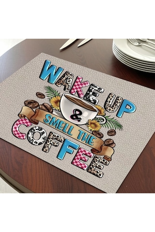 Wake Up Coffee Tasarımlı Amerikan Servis, Tabak Altlığı & Şık Masa Dekoru, Ev Hediyesi, 2 Adet Krem
