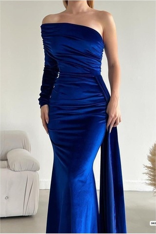 Lior Design Kadın İnce İşçilik Tek Omuz Kuyruklu Balık Kesim Abiye Elbise Lacivert