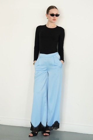 Verymoda Paçası Dantelli Saten Pantolon D2969 Mavi