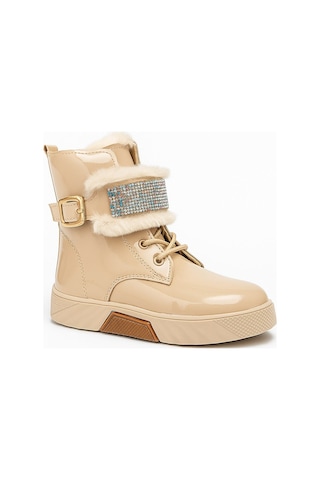 Günlük Kız Çocuk Rugan Bot Fermuarlı Lastik Bağcıklı Kürk Ve Taş Detaylı Kaymaz Taban Bootie 391 Bej-rugan