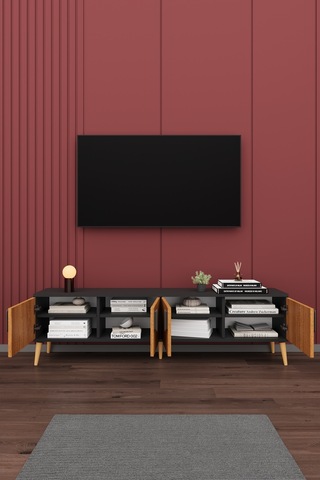 Asra Trend Tv Ünitesi T-05 %100 MDF 160 cm Tv Sehpası 4 Kapaklı Raflı Petra-Koyu Gri