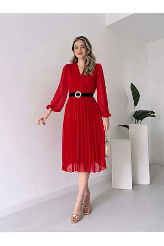 Tua Moda Kadın Şifon Kumaş Astalı Kloş Kesim Kruvaze Yaka Midi Boy Elbise Kırmızı