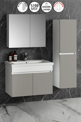 Çiğdem 80+35 Cm Beyaz-inox Balon Mdf Seramik Lavabolu Sepetli Asma Banyo Dolabı Takımı Beyaz - Inox