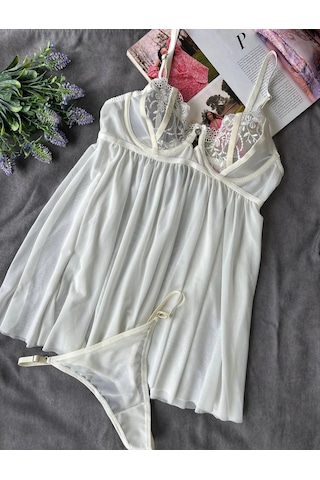 Arona Kadın Çiçek Desenli Brode Gecelik Takımı Ekru Ekru