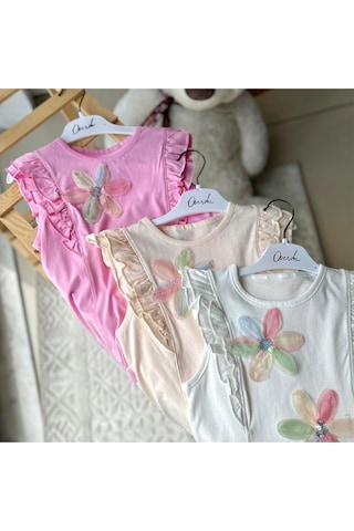 Overdo Kids Kız Çocuk Çiçekli Fırfırlı Kısa Kollu %100 Pamuklu T-shirt Somon