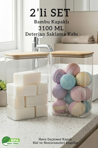 Bambu Kapaklı Dikdörtgen Büyük Boy Hava Almaz Deterjan Tablet Saklama Kutusu - 3100 Ml Şeffaf