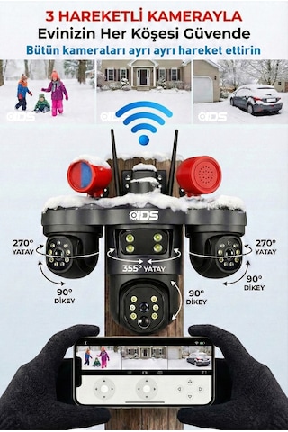 9mp Tam Hareketli 3 Kameralı Wifi Güvenlik Kamerası - Çakar Led -sirenli