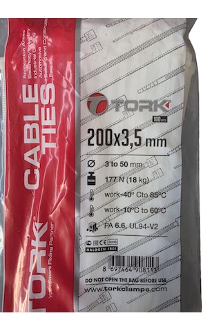 Tork 200x3,5 Mm Beyaz Plastik Kablo Bağı 100 Adet 100 adet BEYAZ