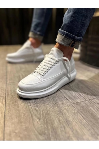 Mevese Meverk Cilt Erkek Sneaker Ayakkabı Kalın Taban Günlük Beyaz