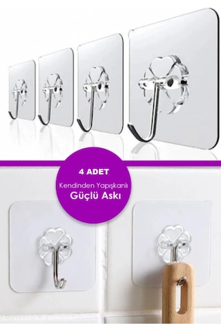 Pratik 4 Adet Kare Askı Şeffaf Güçlü Kendinden Yapışkanlı Kapı Duvar Askıları Ağır Yük Taşıma Askısı
