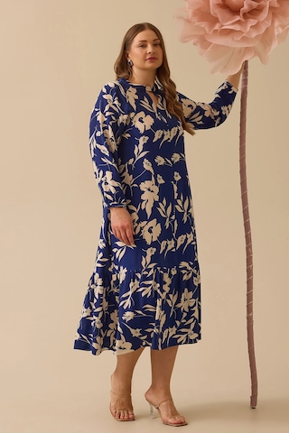 Galaxi Kadın Büyük Beden Desenli Fırfır Detaylı Elbise 4008 Lacivert Lacivert