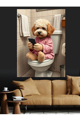 Pijamalı Köpek Telefon Keyfi Dekoratif Kanvas - Mdf Ahşap Tablo