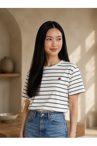 Nealirsanall.com Kadın Çizgili Kalp Nakışlı Crop T-shirt - Bisiklet Yaka Kısa Tişört Çok Renkli