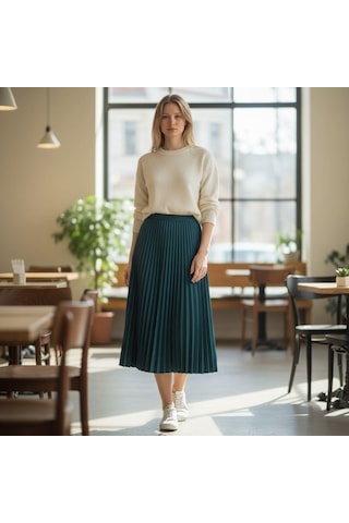 Eren Style Pileli Pamuklu Diyagona Beli Lastikli Etek 95 Cm - 38-50 Petrol Mavisi