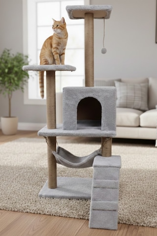 Missidea B07 Hamaklı Yuvalı Lüx Kedi Tırmalama Oyun Evi Gri
