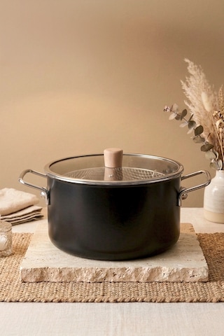 Titan Cook Ahşap Kulplu,paslanmaz Saplı Siyah Süzgeçli Emaye Kızartma Tenceresi 22 Cm Siyah