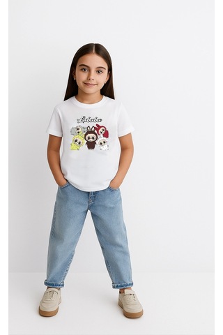 Barlashive Kız Labubu Çocuk Baskılı T-shirt - Beyaz Çok Renkli