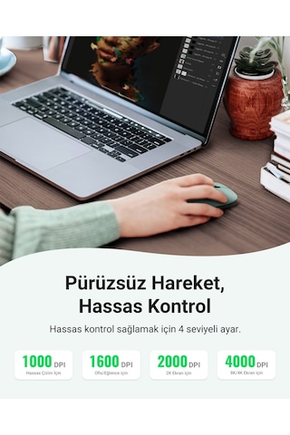 Ugreen 2.4ghz Sessiz Tuşlu Kablosuz Optik Mouse, Yeşil, 90374 Diğer
