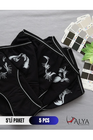 Alya Underwear Kız Çocuk Kalpli Dokuma Lastik Pamuklu Kumaş Slip Külot 5'li Paket 5 Adet Beyaz Siyah P13