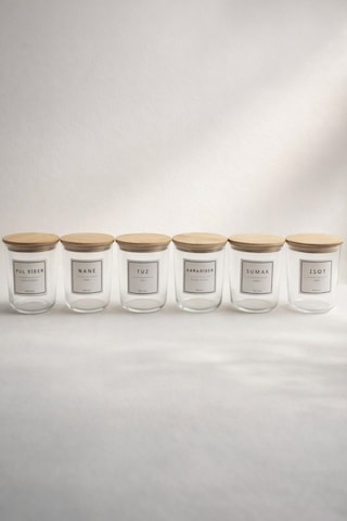 Motto - 6'lı Bambu Vakum Kapaklı Etiket Hediyeli Cam Saklama Kabı Baharatlık Seti 315 Ml Diğer