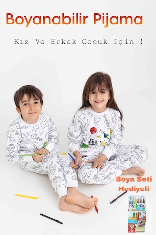 Boyanabilir Çocuk Pijama Takımı Kız Çocuk Pijama Erkek Çocuk Pijama Boya Beyaz