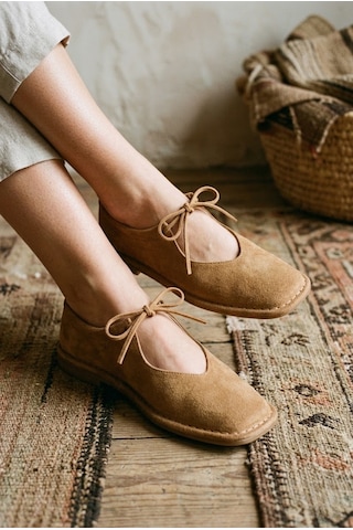 Shoetek Avany Kadın Babet Bağcıklı Taba Süet