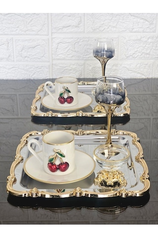 6 Adet Sunum Tepsisi & Kahve & Çay Tepsisi- Gümüş Tepsi Döküm Gold Gül Çerçeveli Gümüş