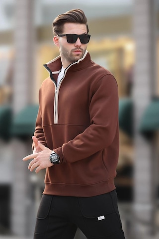 Madmext Acı Kahverengi Dik Yaka Yarım Fermuarlı Sweatshirt 7079 Acı Kahverengi